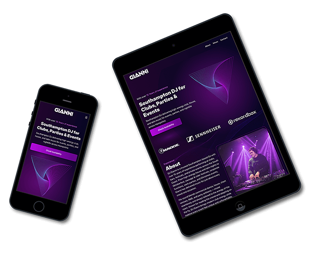 Tablet mockup of DJ Gianni’s new website design with bold club-inspired styling