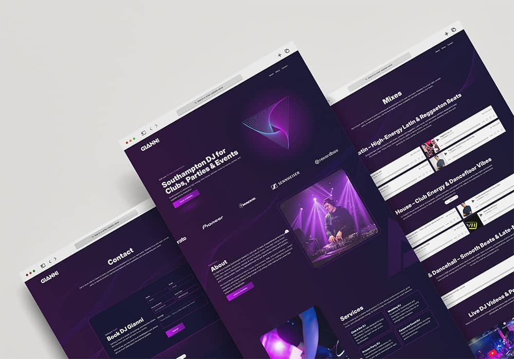 Photo with three different examples of web design for Southampton DJ - DJ Gianni