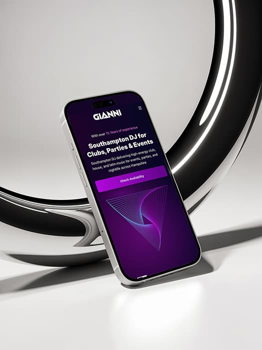 Mobile website design mockup for DJ Gianni showing the new responsive layout