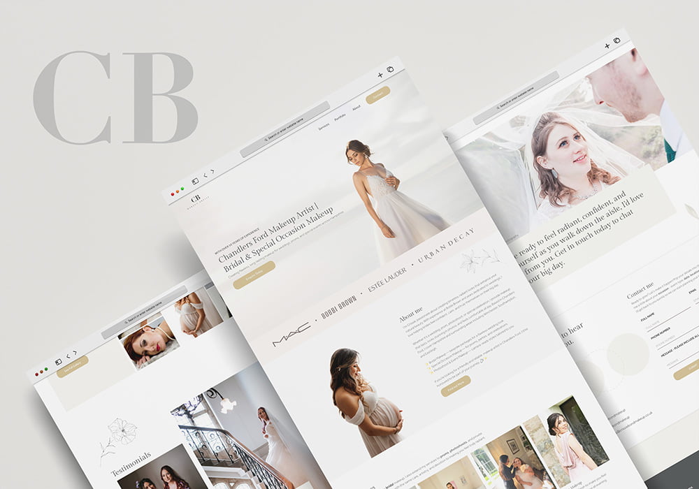 Photo with three different examples of web design for a CB Makeup artist
