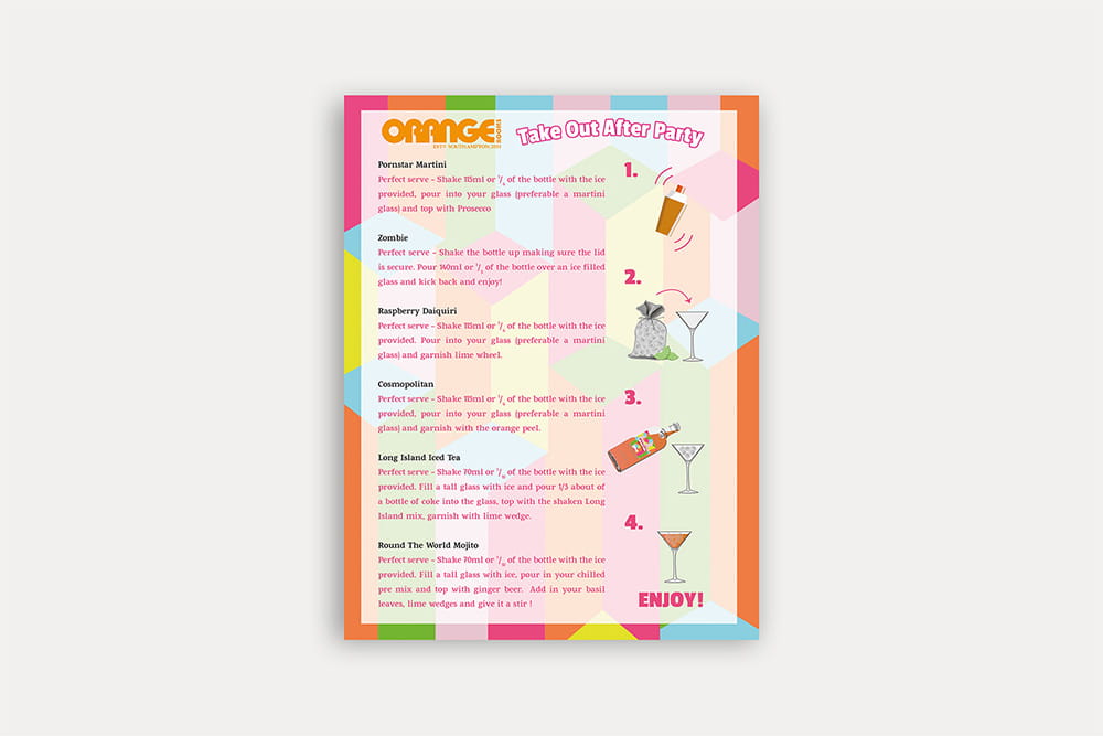Orange Rooms Take Out After Party Menu how to make cocktail